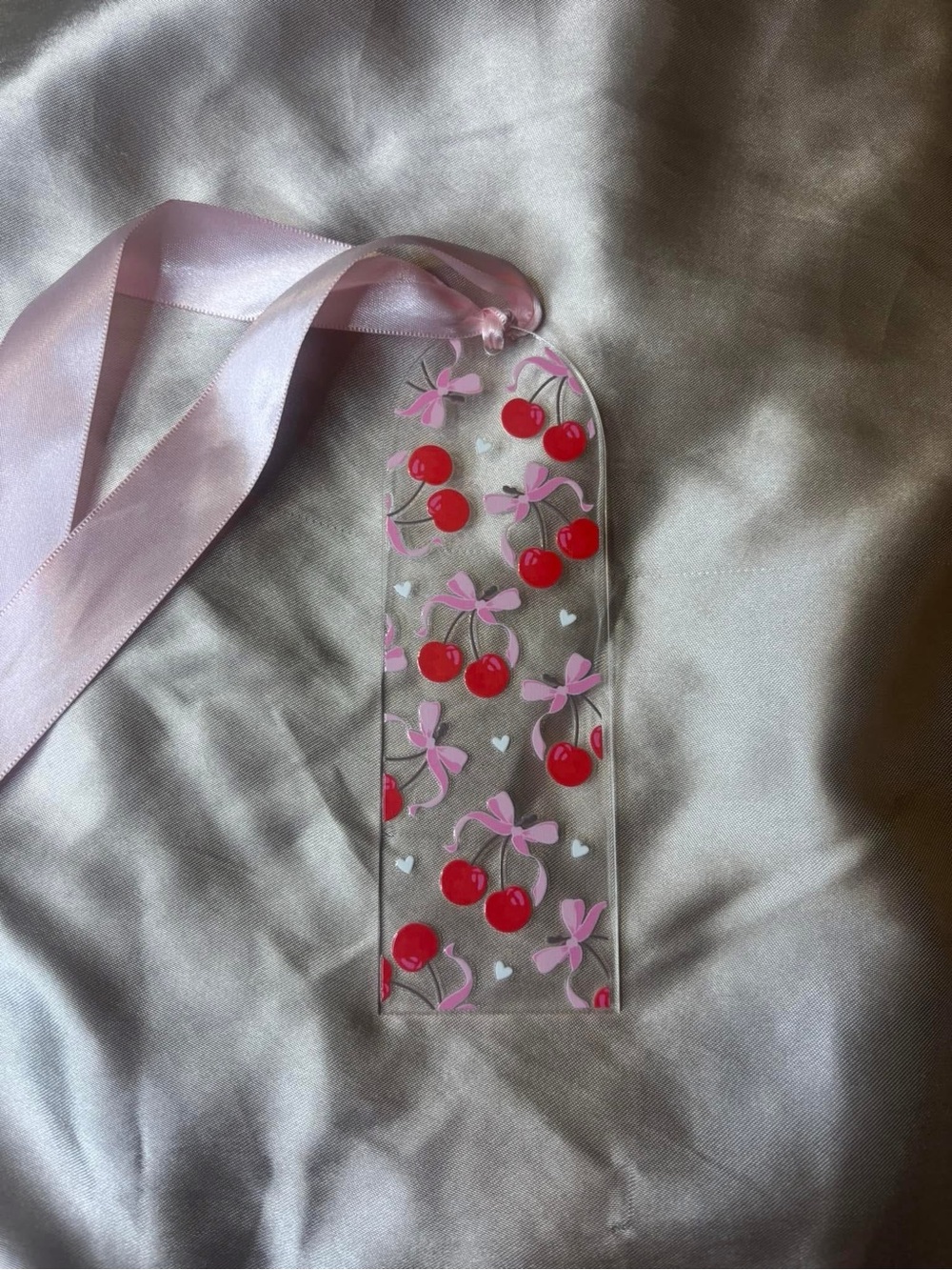 Cherry Print Acrylic Bookmark with Pink Ribbon